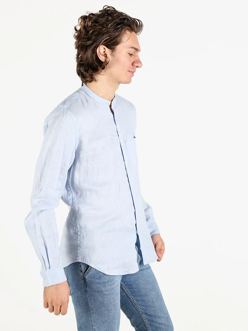 Camicia in lino da uomo alla coreana con maniche lunghe - azzurro
