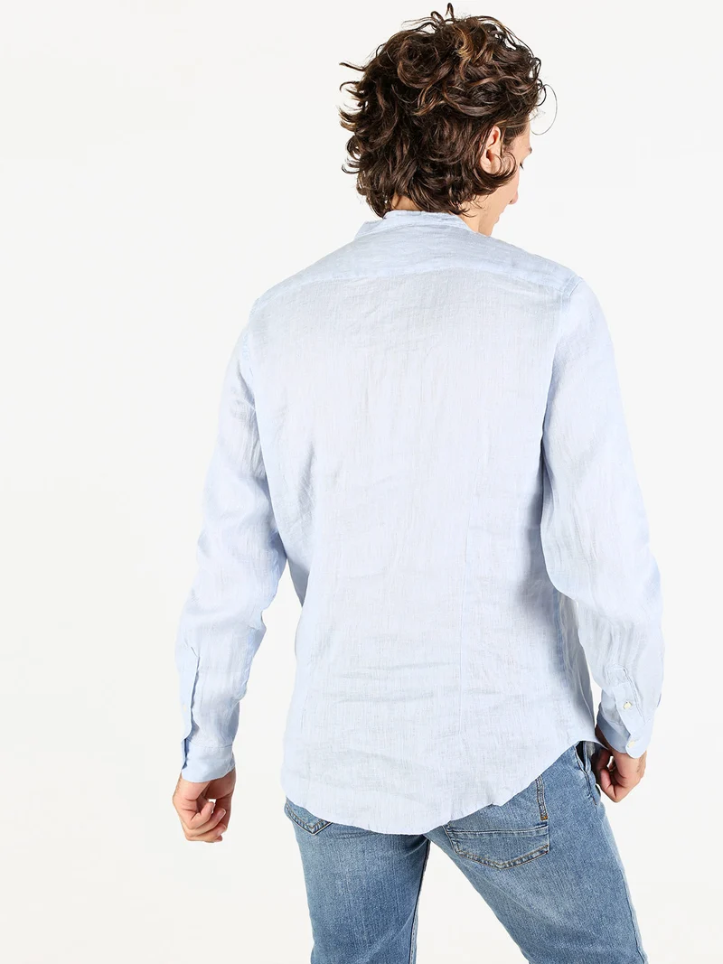 Camicia in lino da uomo alla coreana con maniche lunghe - azzurro