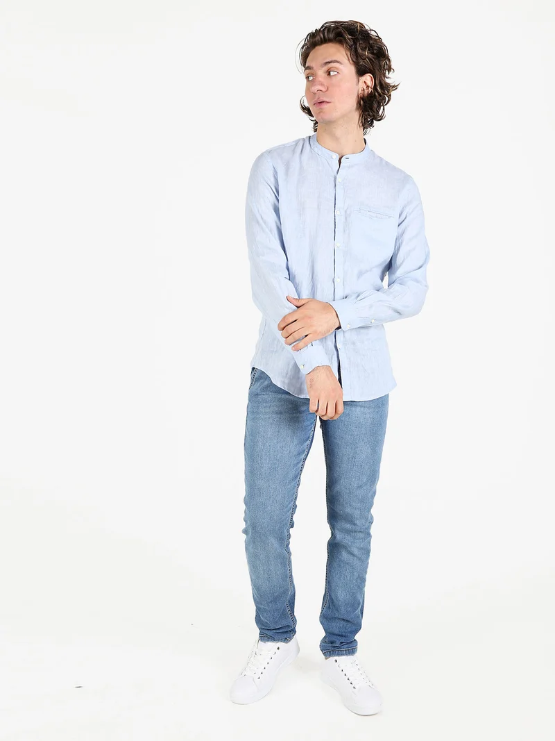Camicia in lino da uomo alla coreana con maniche lunghe - azzurro