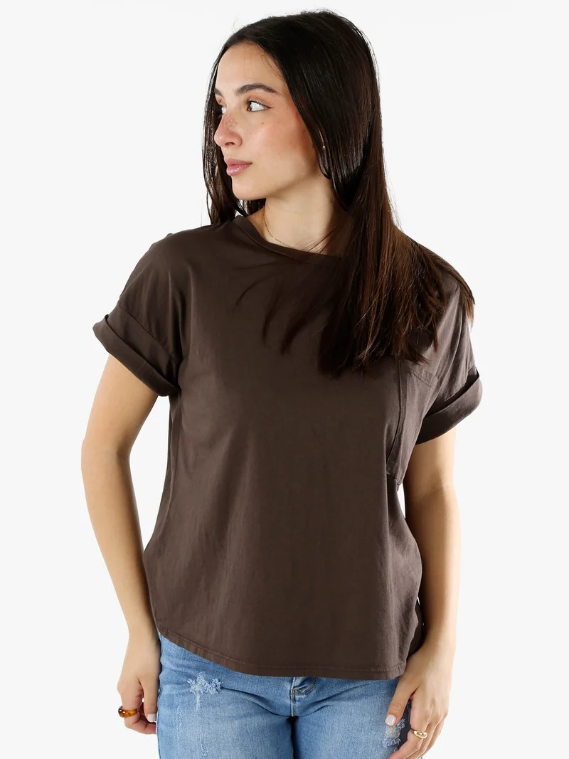 T-shirt donna oversize in cotone con taschino - moro