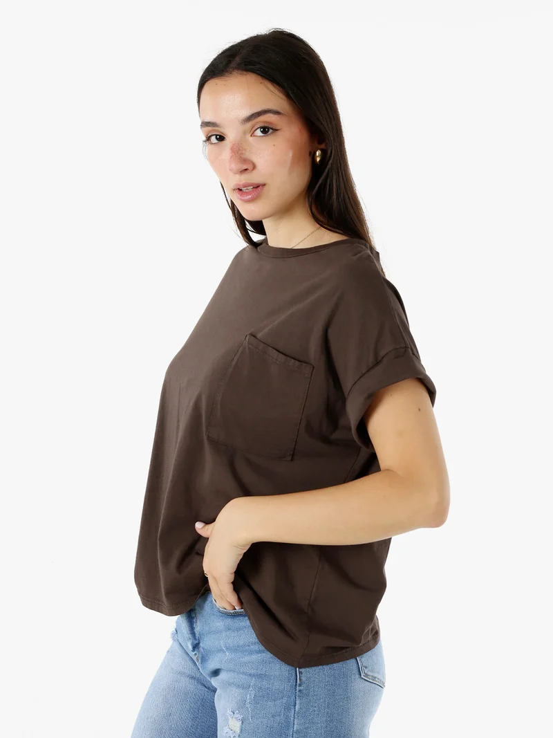 T-shirt donna oversize in cotone con taschino - moro