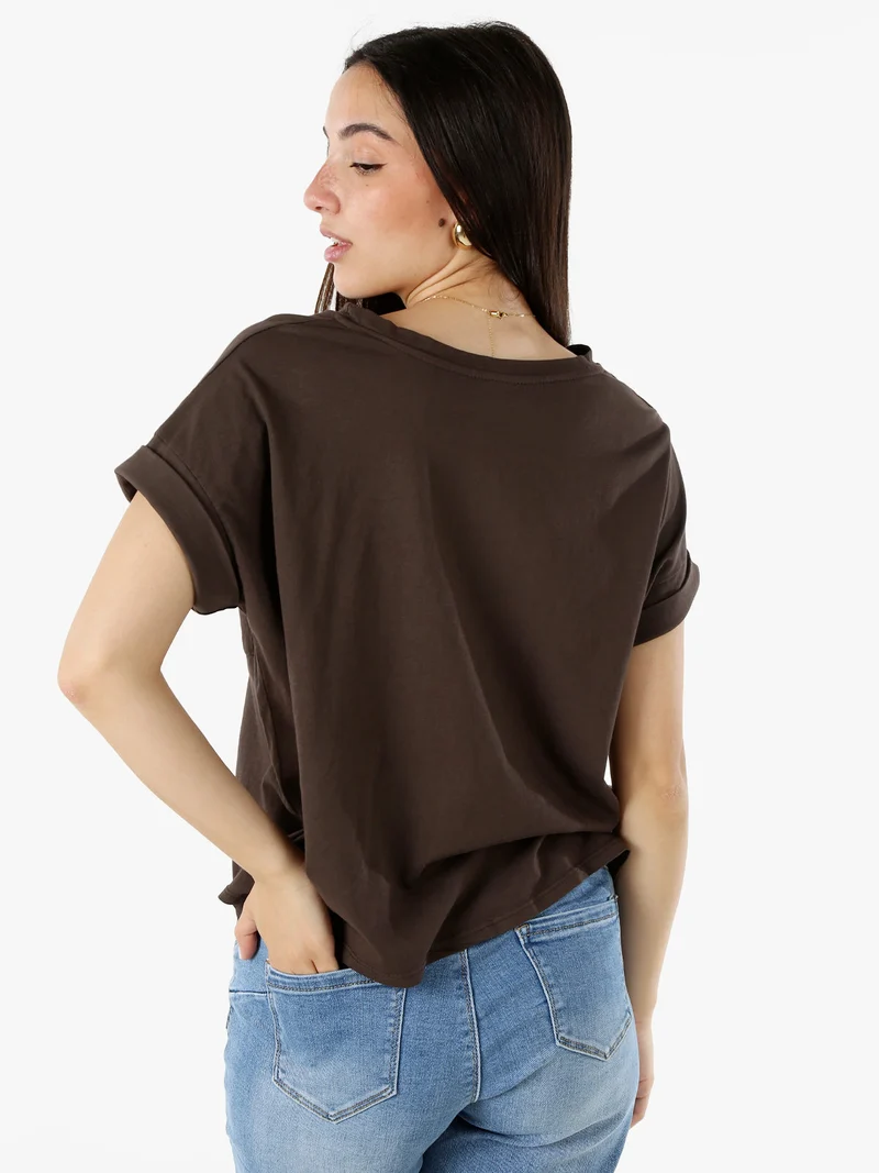 T-shirt donna oversize in cotone con taschino - moro