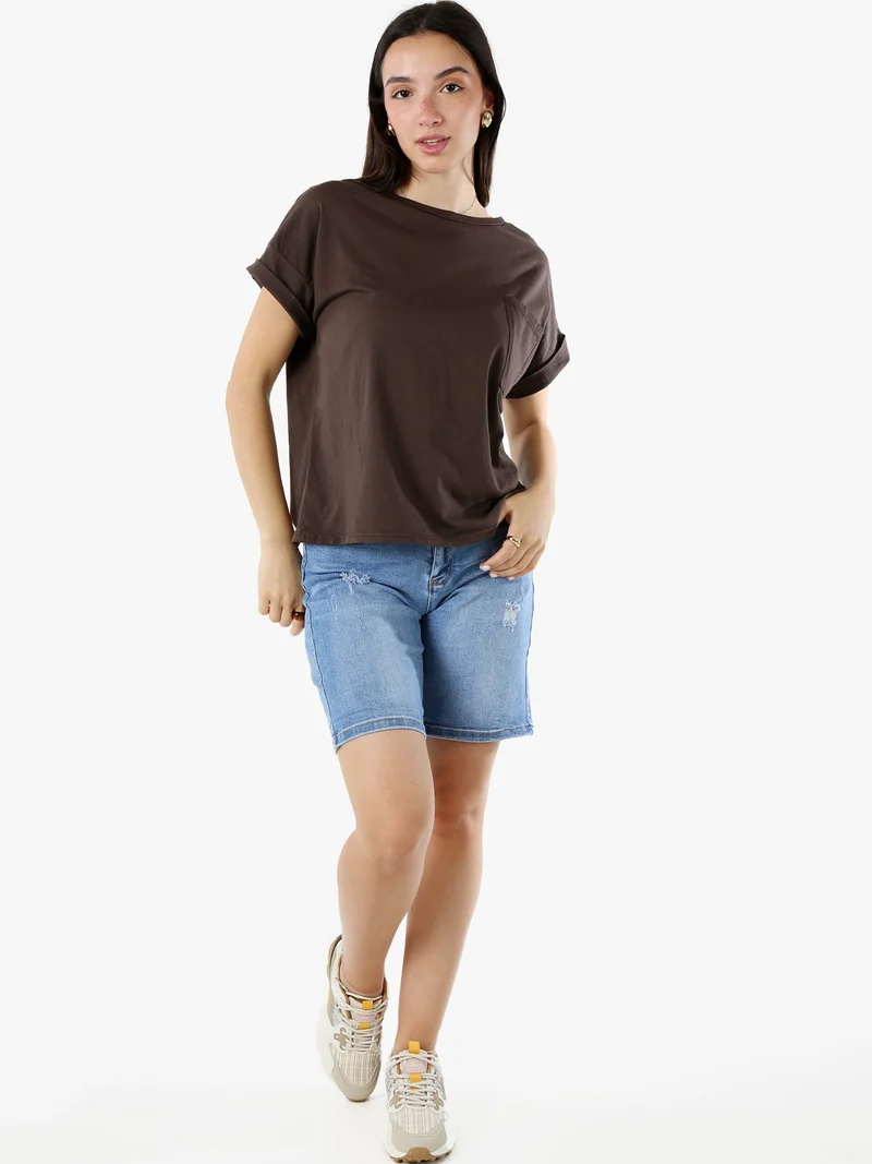 T-shirt donna oversize in cotone con taschino - moro