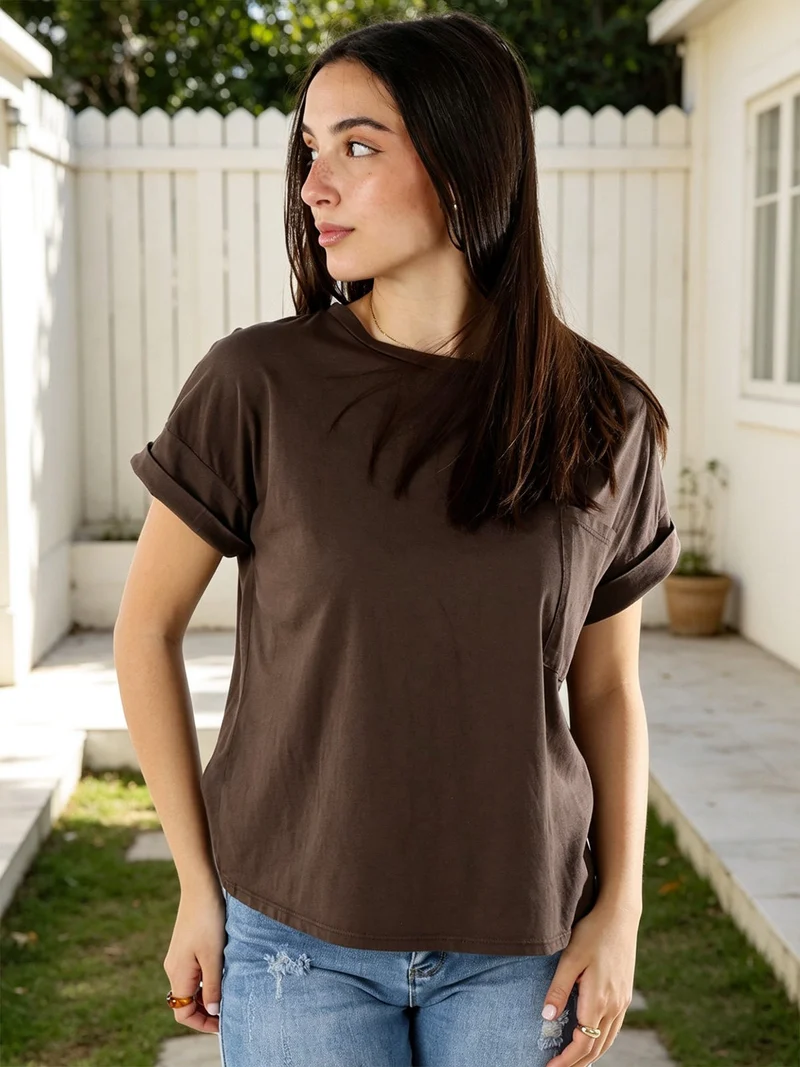 T-shirt donna oversize in cotone con taschino - moro