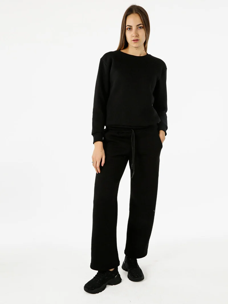 Pantaloni da donna in felpa a gamba larga con coulisse - nero
