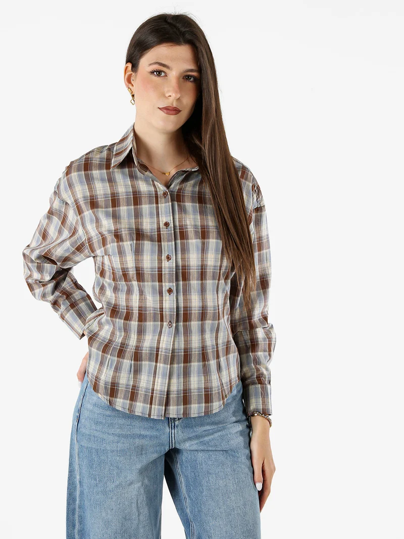 Camicia a quadri da donna a maniche lunghe - marrone