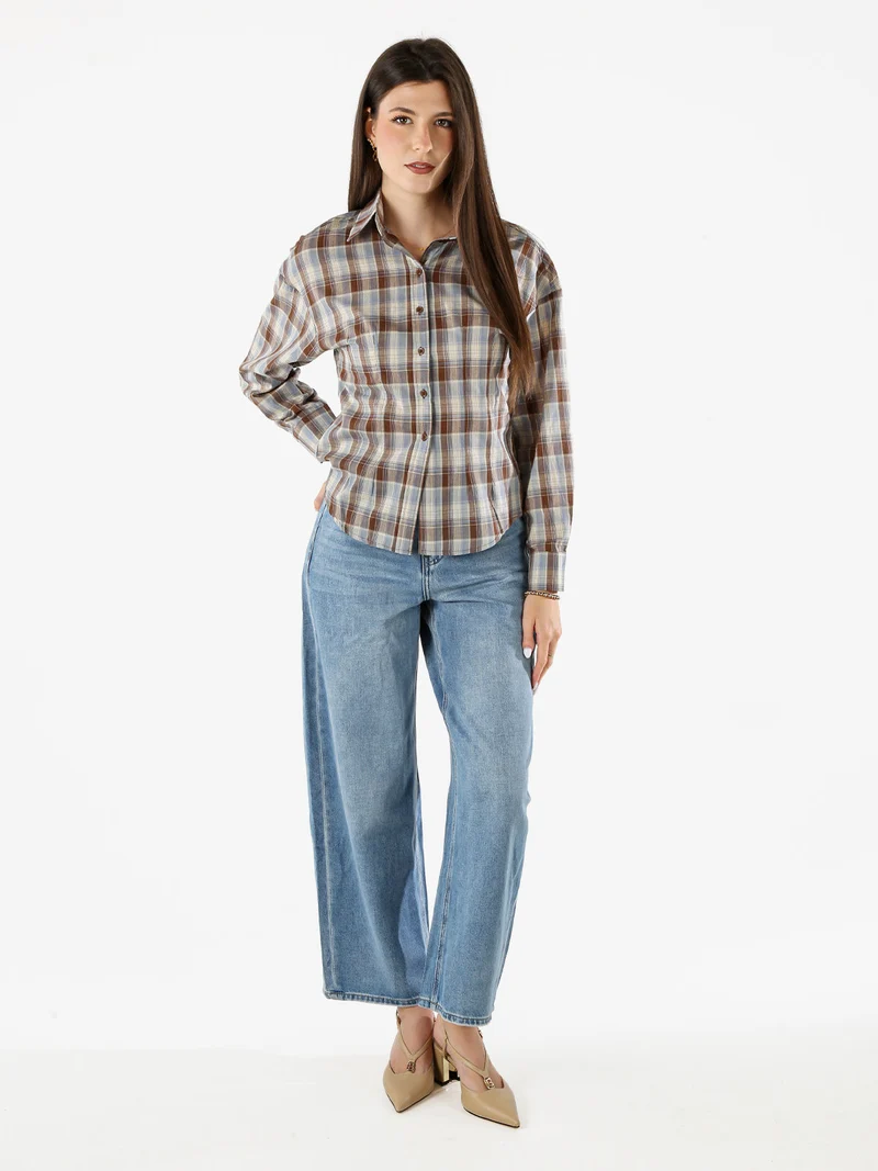 Camicia a quadri da donna a maniche lunghe - marrone