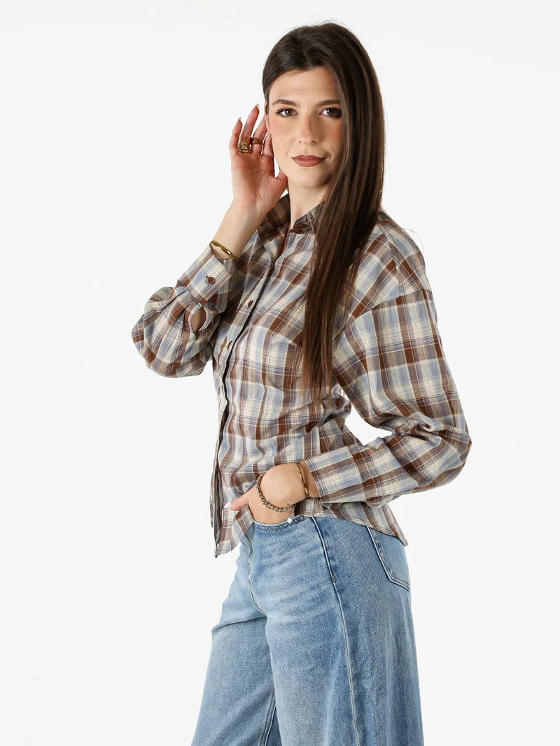 Camicia a quadri da donna a maniche lunghe - marrone