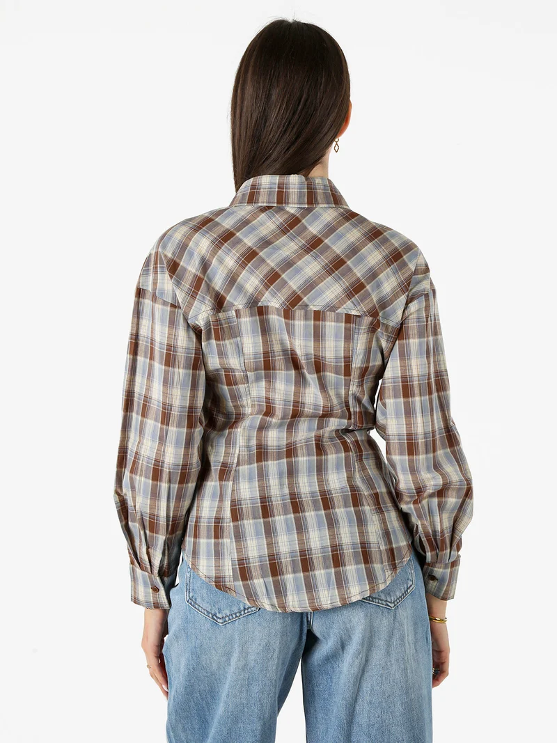 Camicia a quadri da donna a maniche lunghe - marrone