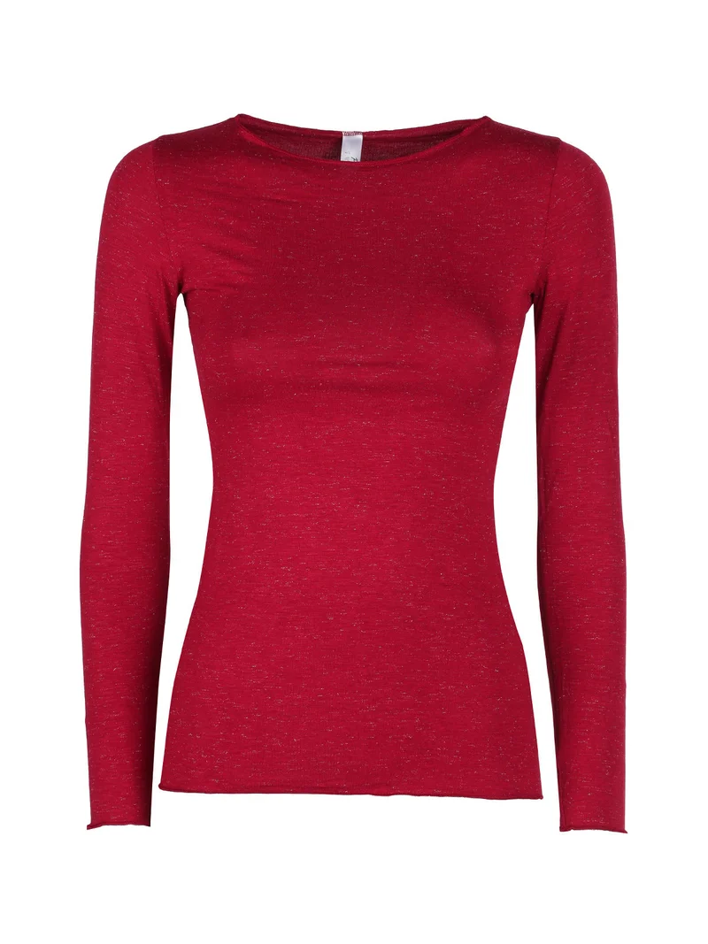 P0724M Maglietta donna in lurex a maniche lunghe con scollo a barca - rosso