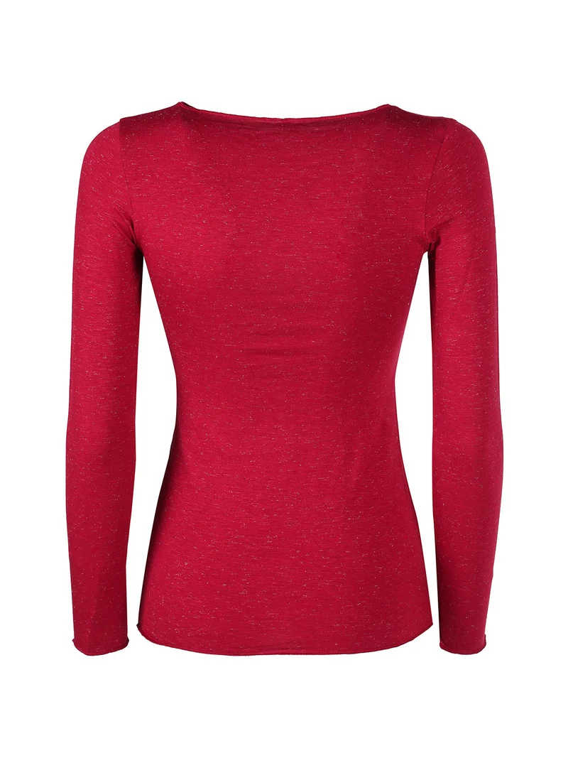 P0724M Maglietta donna in lurex a maniche lunghe con scollo a barca - rosso