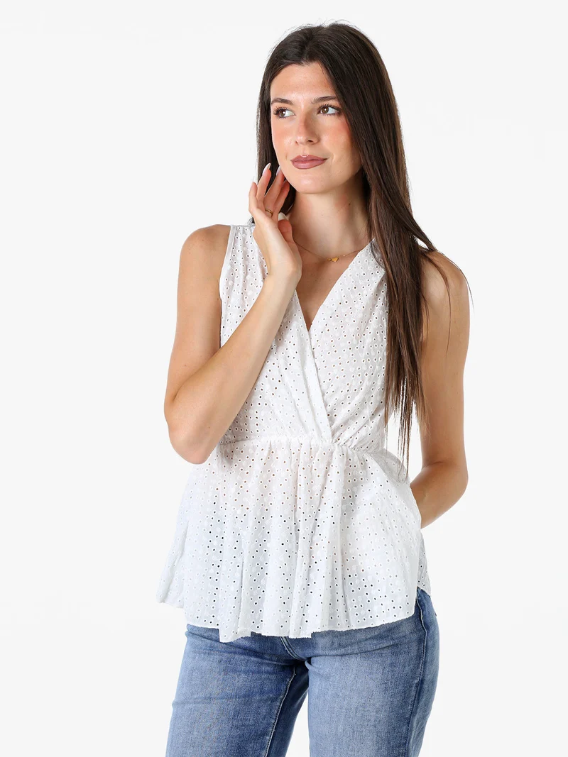 Top donna in cotone con macramè e scollo a portafoglio - bianco