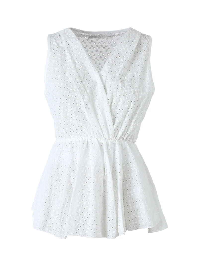 Top donna in cotone con macramè e scollo a portafoglio - bianco