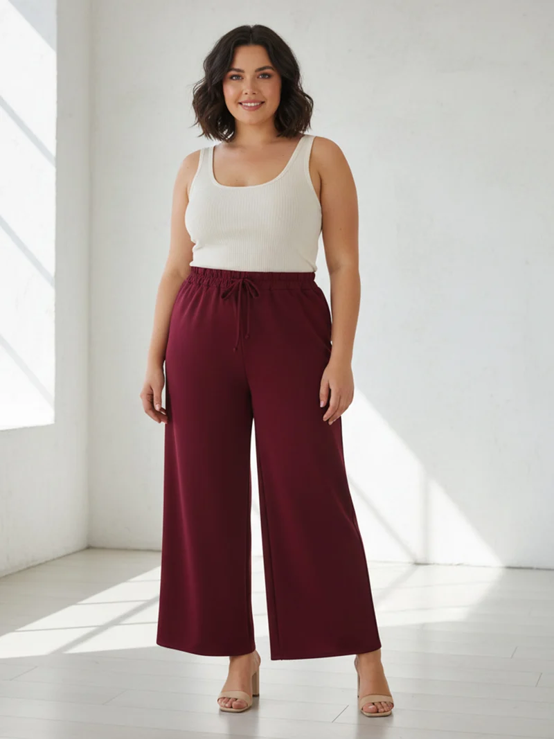 Pantaloni donna a gamba larga taglie forti - bordeaux