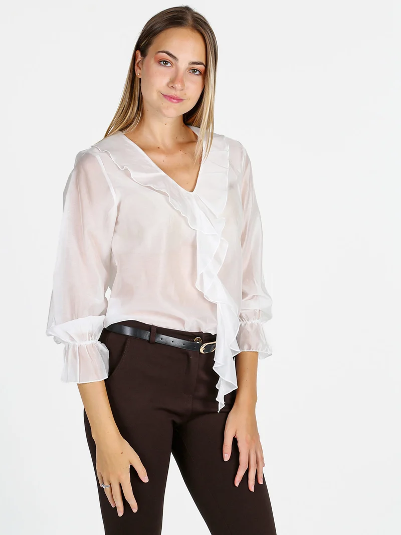 Blusa donna a maniche lunghe con volant - bianco