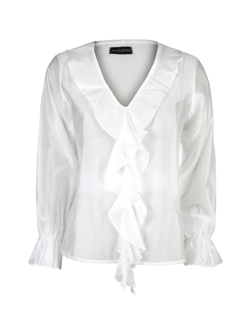 Blusa donna a maniche lunghe con volant - bianco
