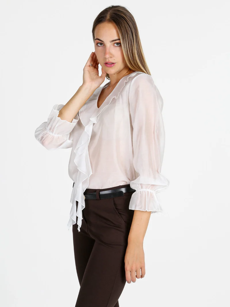 Blusa donna a maniche lunghe con volant - bianco