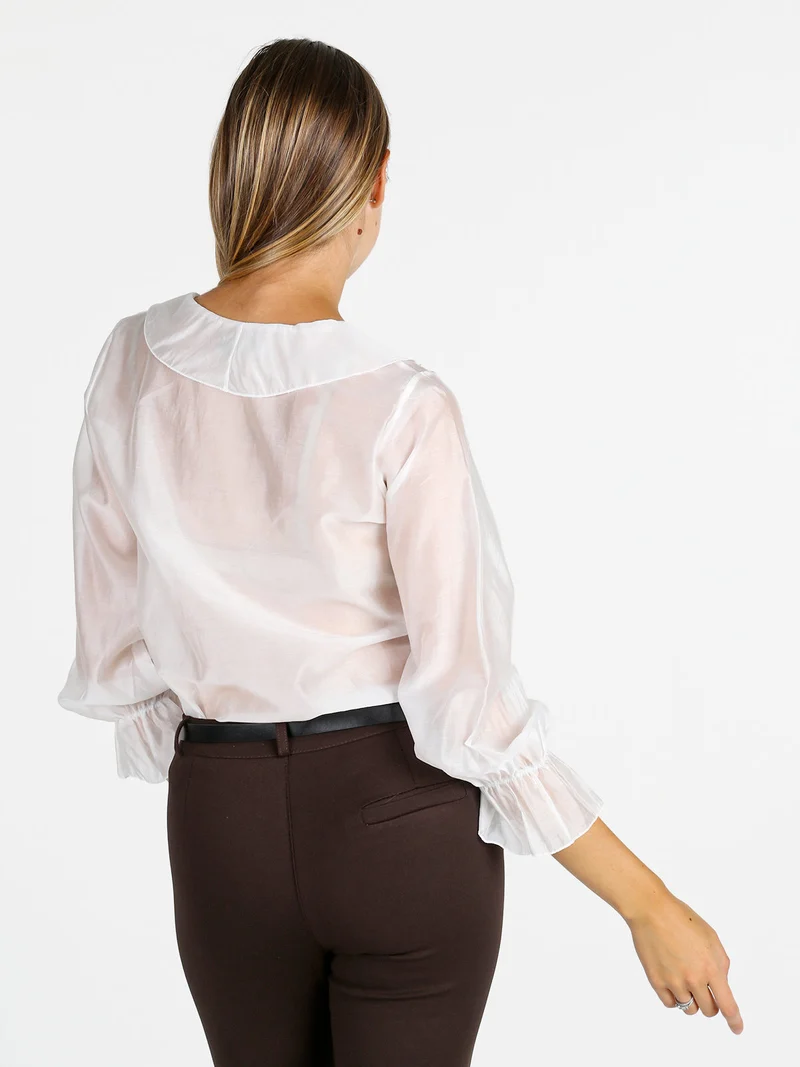 Blusa donna a maniche lunghe con volant - bianco