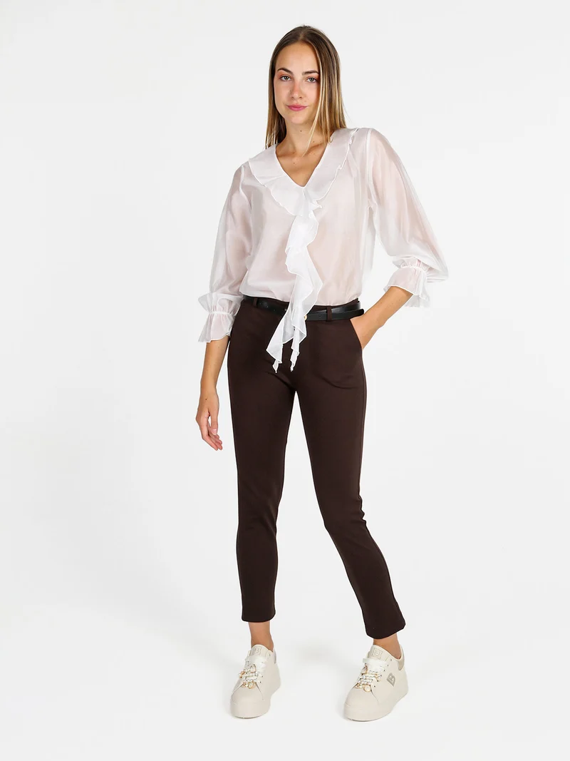 Blusa donna a maniche lunghe con volant - bianco
