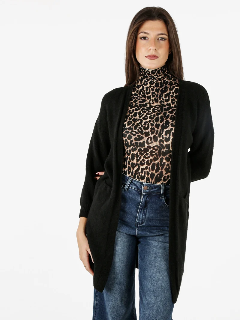 Cardigan donna aperto in misto lana - nero