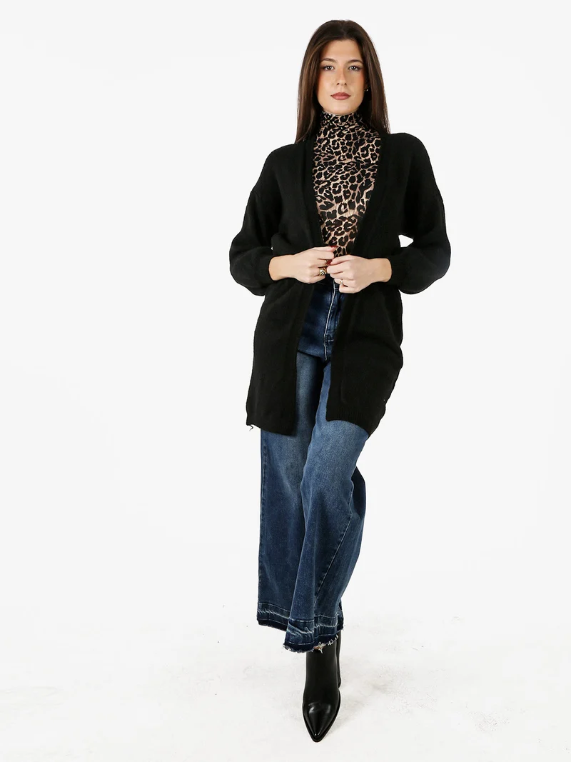Cardigan donna aperto in misto lana - nero