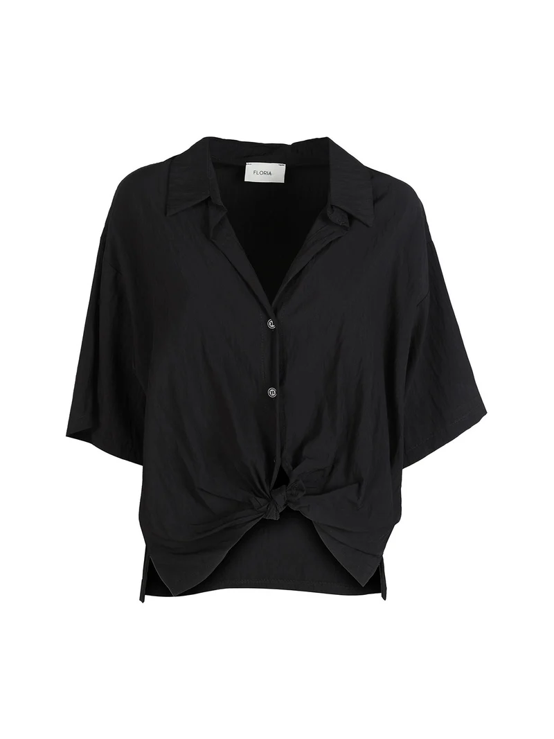 Camicia donna oversize con nodo a maniche corte - nero