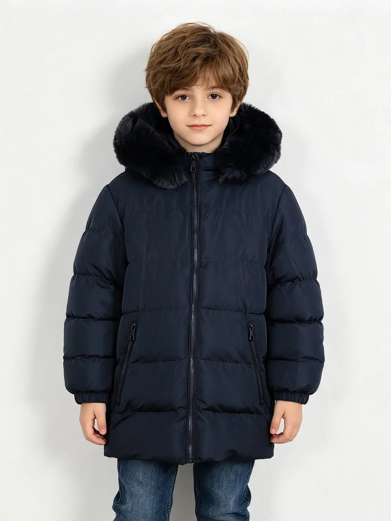 Piumino imbottito da ragazzo con cappuccio - blu scuro