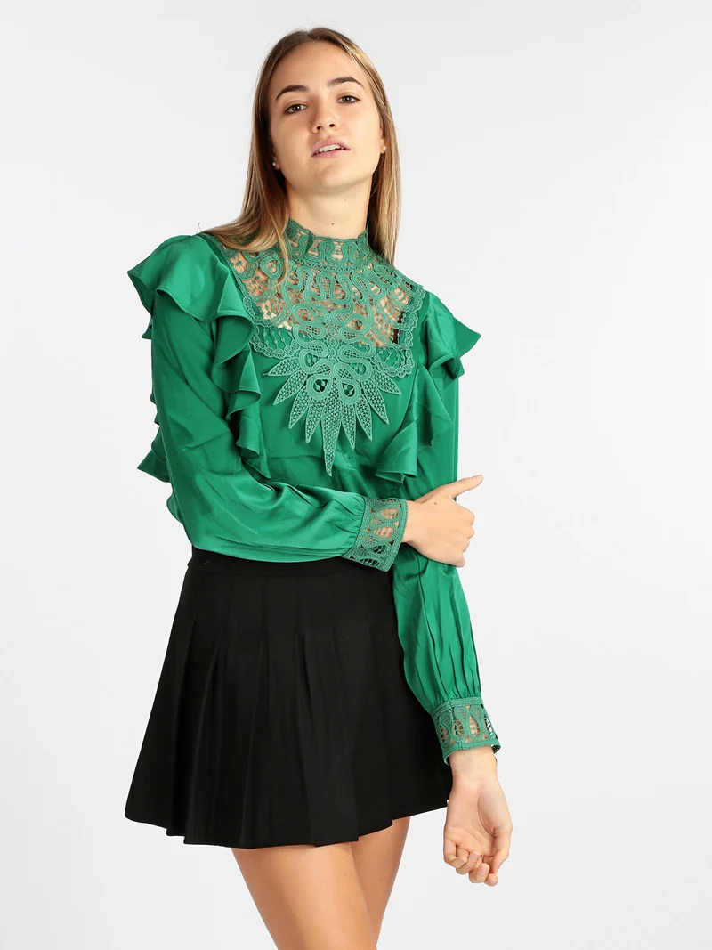 Blusa donna con inserti in macramè - verde