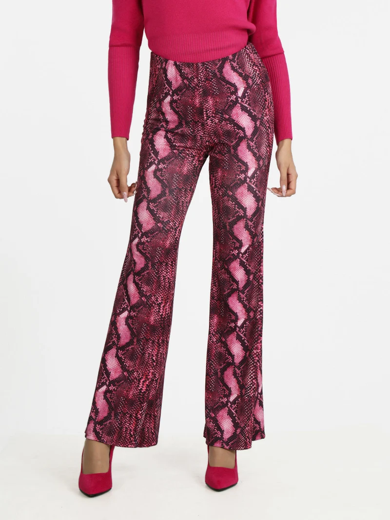 Pantaloni donna pitonati a zampa - fucsia