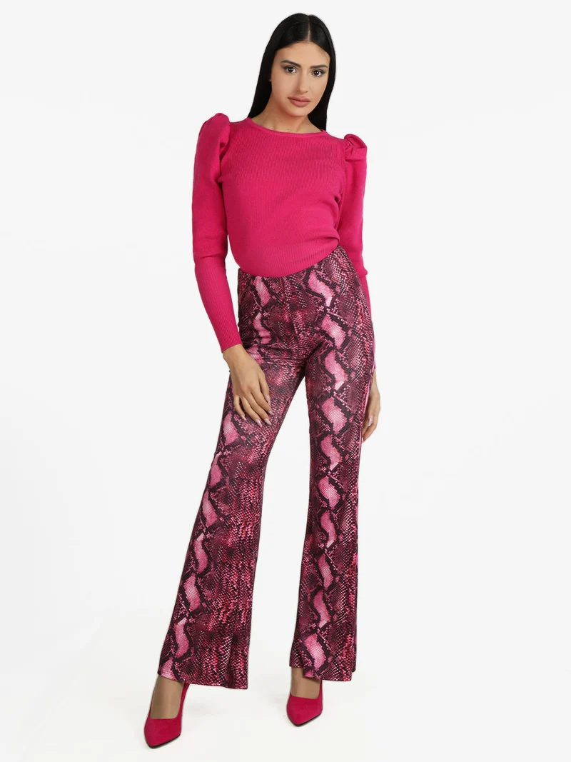Pantaloni donna pitonati a zampa - fucsia