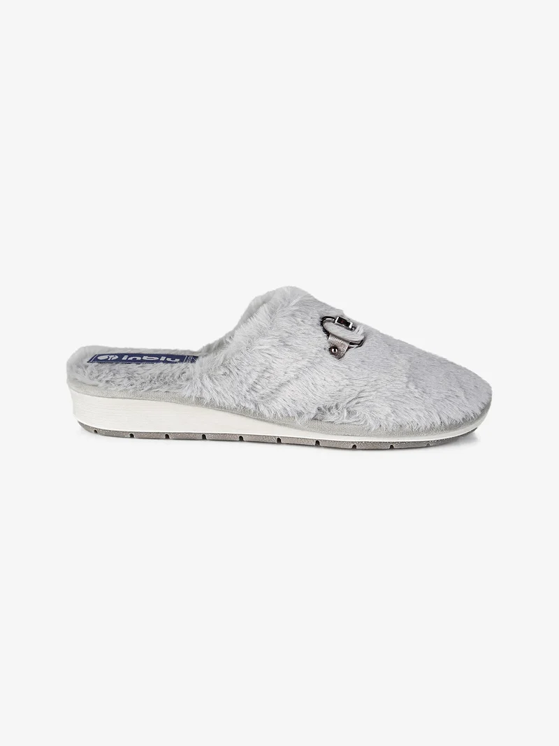 Pantofole donna in ecopelo con zeppa - grigio