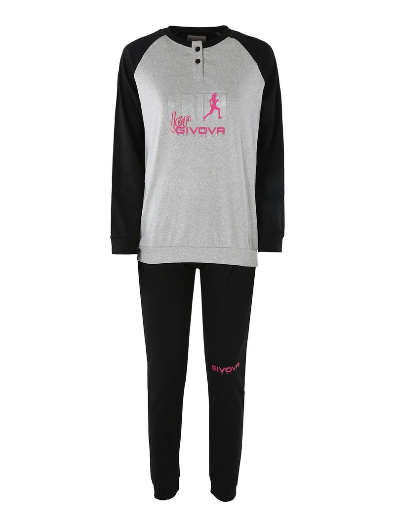 Pigiama lungo da donna in cotone interlock con stampa - grigio
