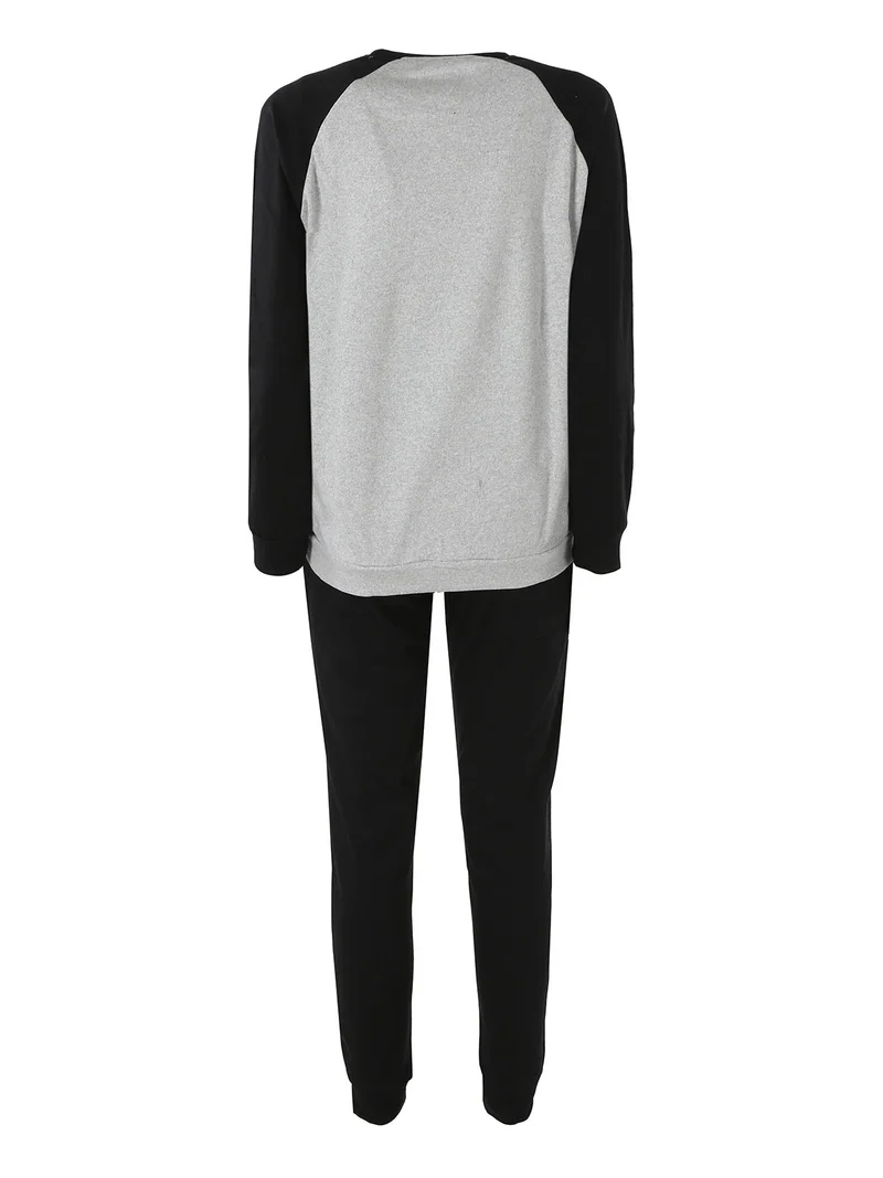 Pigiama lungo da donna in cotone interlock con stampa - grigio