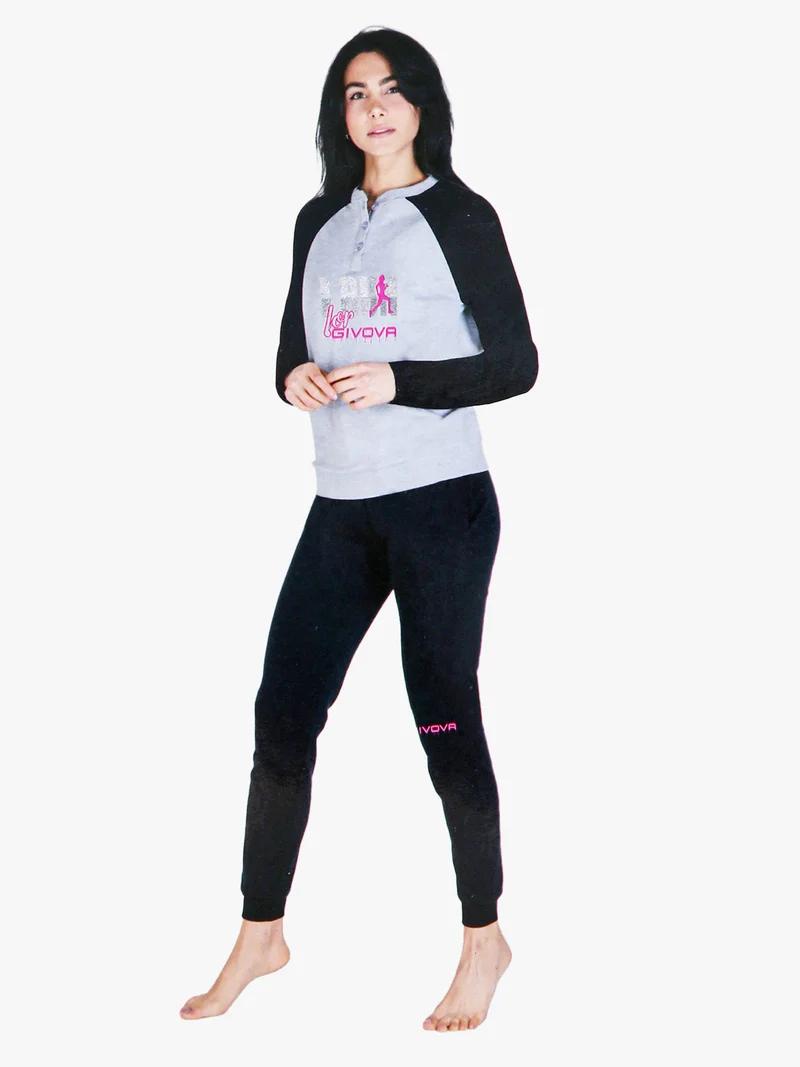 Pigiama lungo da donna in cotone interlock con stampa - grigio