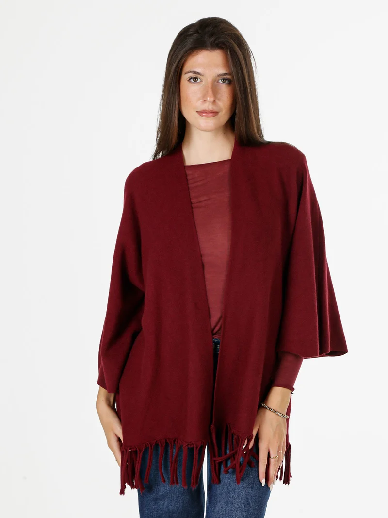 Cardigan aperto da donna in maglia con maniche a campana e frange sul fondo - bordeaux