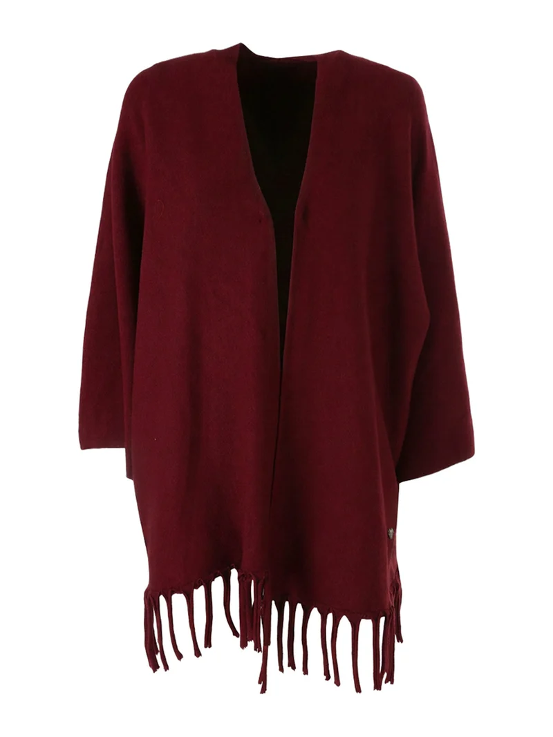 Cardigan aperto da donna in maglia con maniche a campana e frange sul fondo - bordeaux