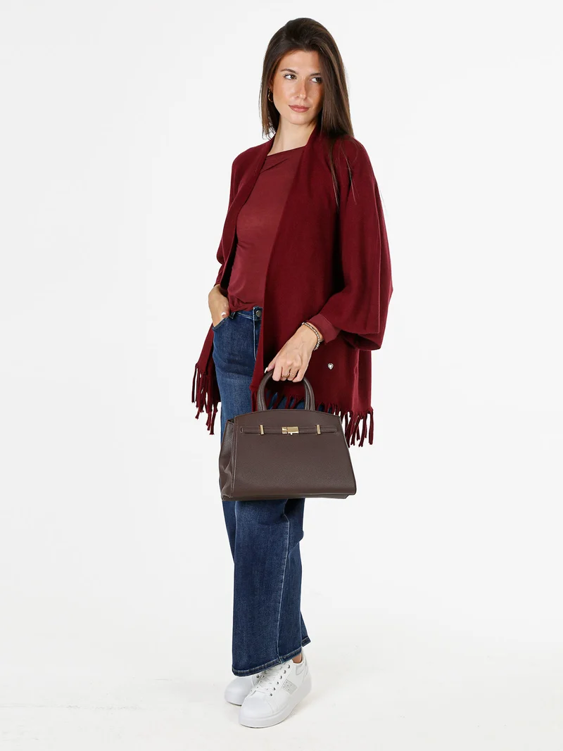 Cardigan aperto da donna in maglia con maniche a campana e frange sul fondo - bordeaux