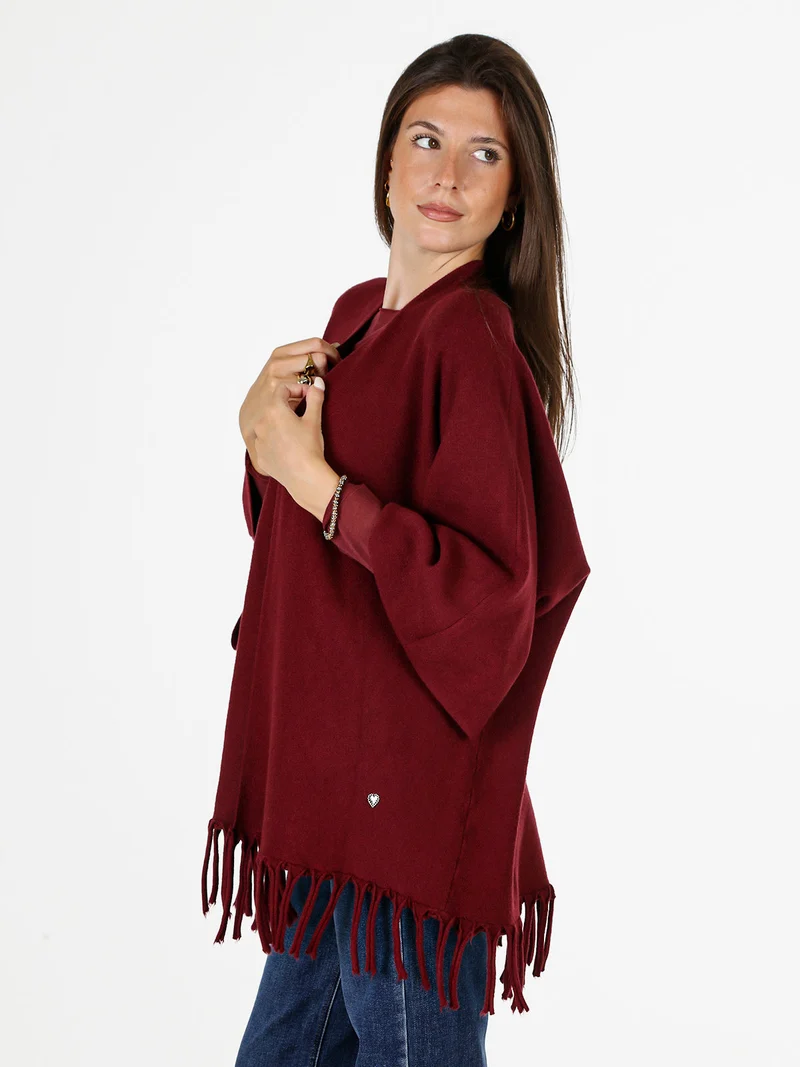 Cardigan aperto da donna in maglia con maniche a campana e frange sul fondo - bordeaux