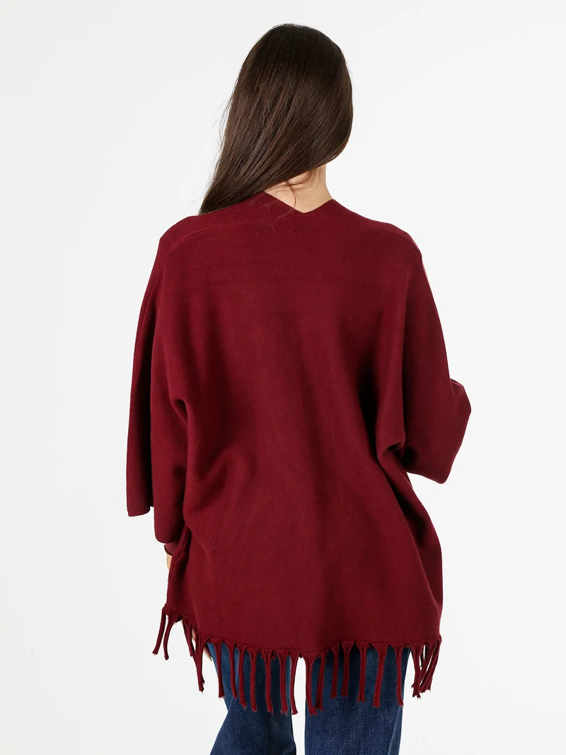 Cardigan aperto da donna in maglia con maniche a campana e frange sul fondo - bordeaux
