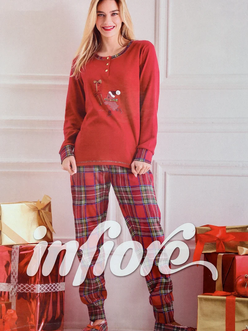 Pigiama di Natale da donna in cotone interlock - rosso