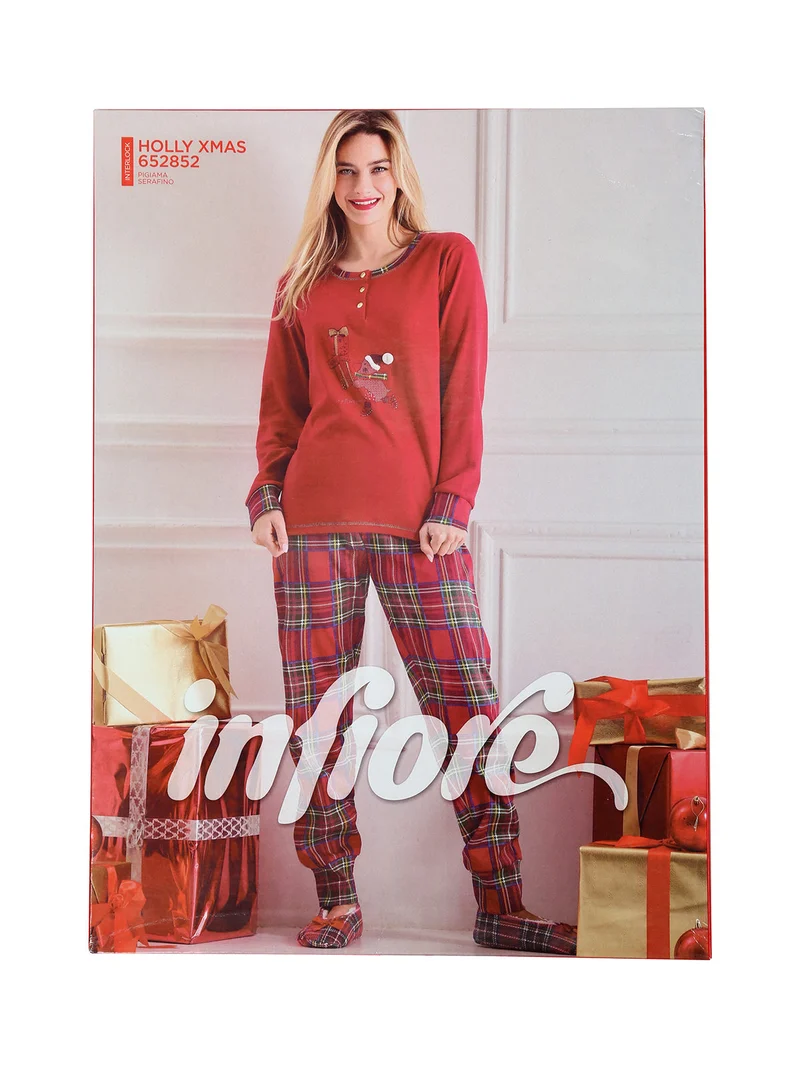 Pigiama di Natale da donna in cotone interlock - rosso