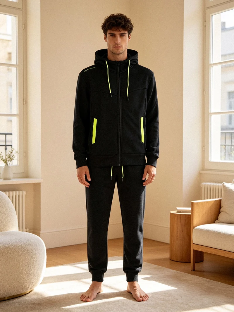Completo tuta invernale da uomo 2 pezzi con cappuccio e zip - nero