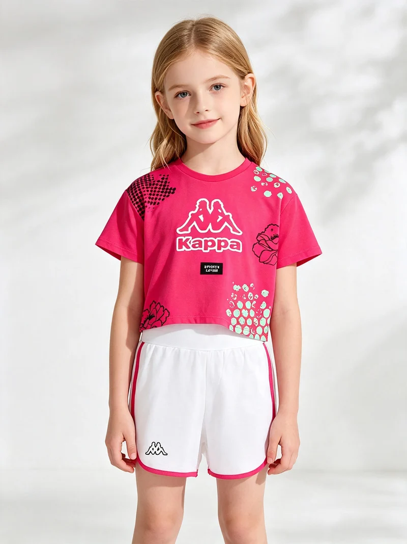 Completo corto da ragazza in cotone con t-shirt cropped e shorts - fucsia