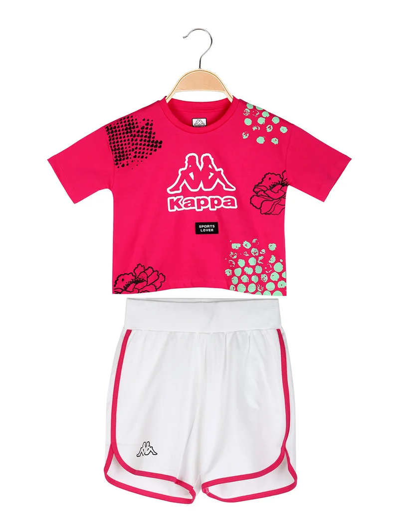 Completo corto da ragazza in cotone con t-shirt cropped e shorts - fucsia