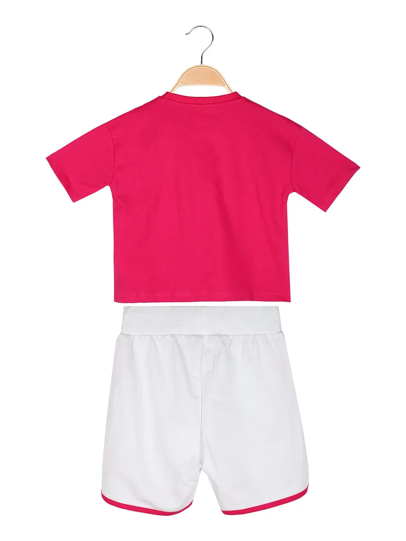 Completo corto da ragazza in cotone con t-shirt cropped e shorts - fucsia