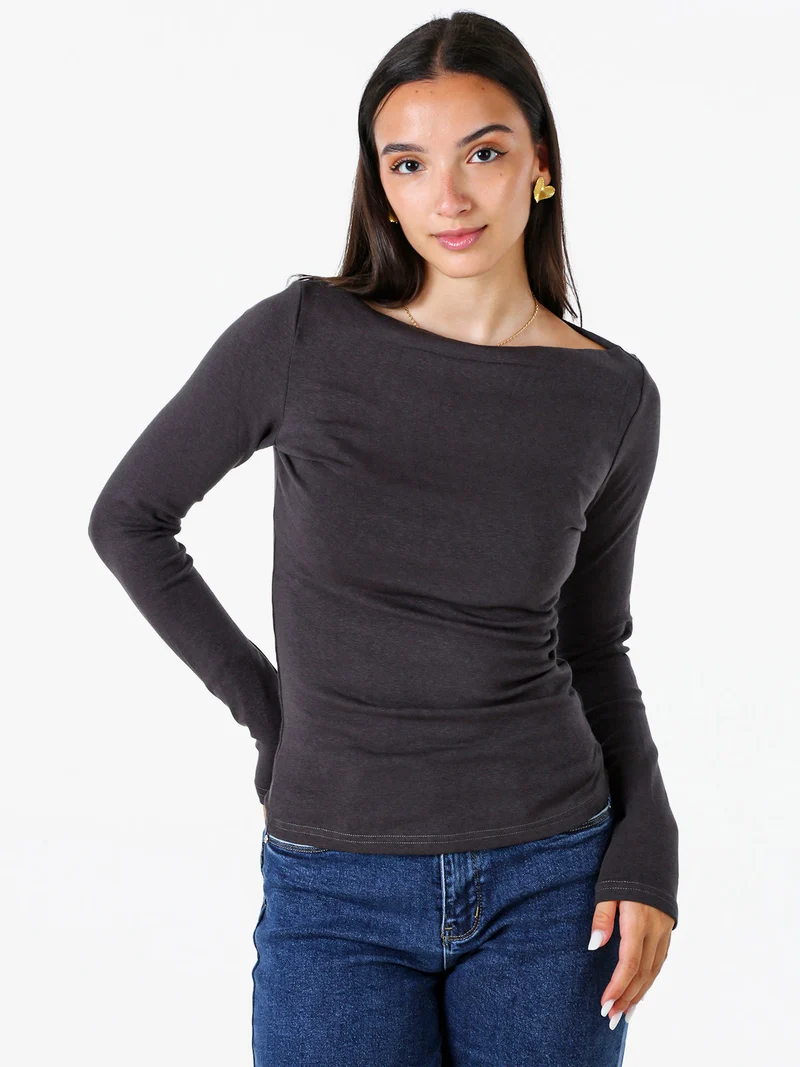 Maglia donna a maniche lunghe con scollo a barchetta - grigio scuro
