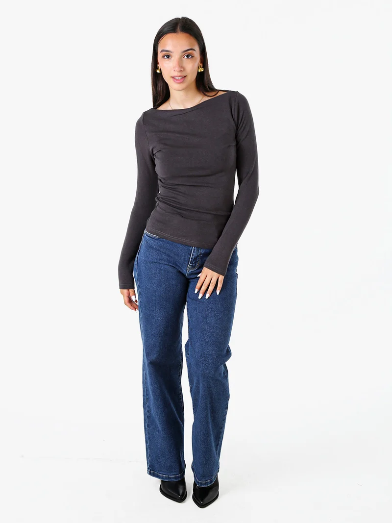 Maglia donna a maniche lunghe con scollo a barchetta - grigio scuro