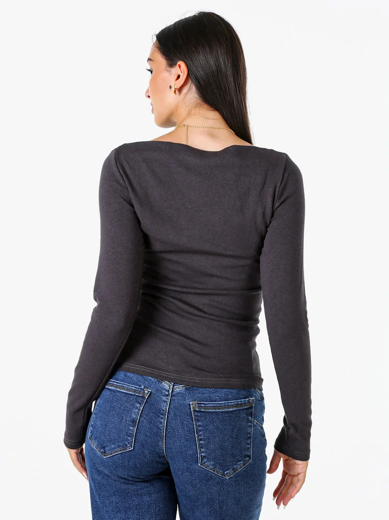 Maglia donna a maniche lunghe con scollo a barchetta - grigio scuro