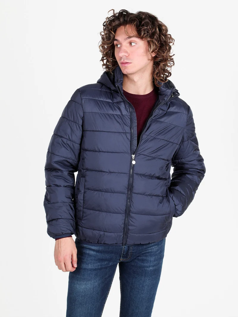 Piumino da uomo con cappuccio e zip - blu scuro
