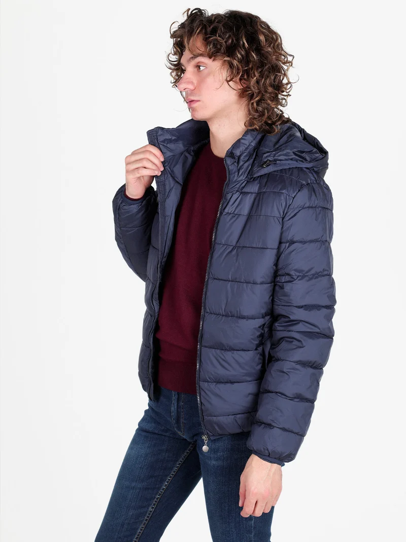 Piumino da uomo con cappuccio e zip - blu scuro